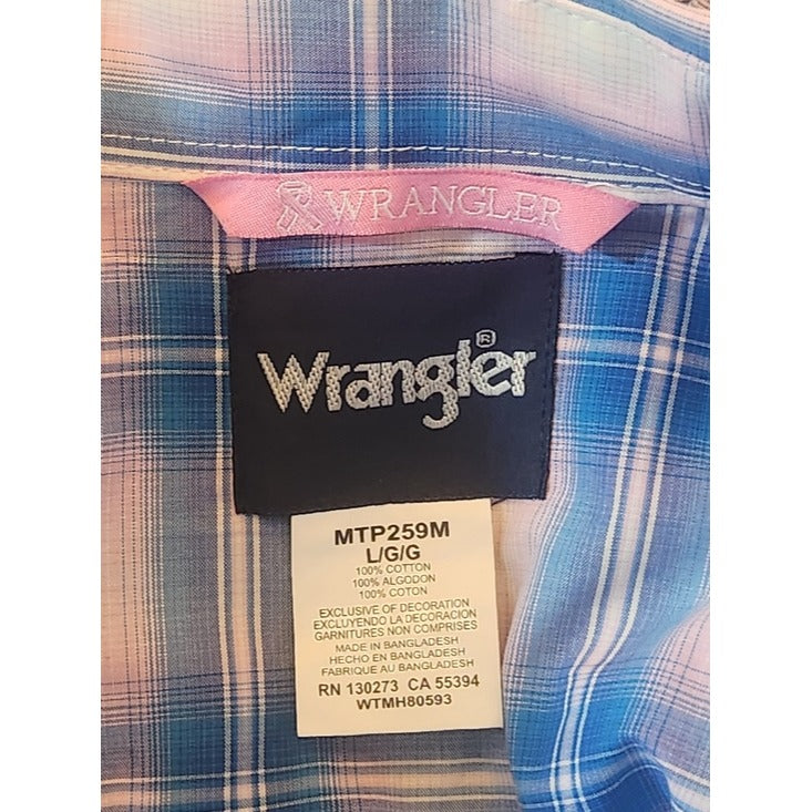Wrangler Mens Blue and Pink Plaid Western Snap Shirt Size Large NWT