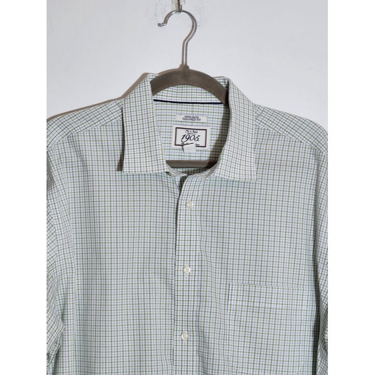 Jos. A. Bank White and Green Plaid Button Down Dress Shirt Size 17.5 34