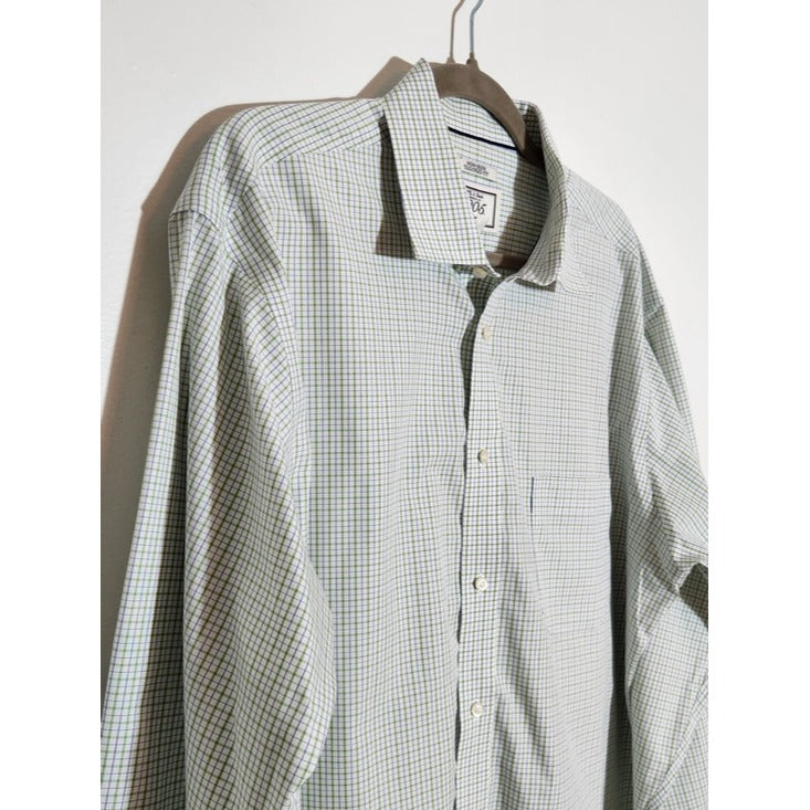 Jos. A. Bank White and Green Plaid Button Down Dress Shirt Size 17.5 34