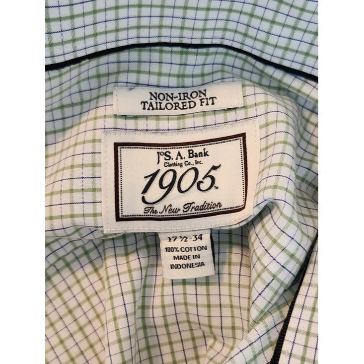 Jos. A. Bank White and Green Plaid Button Down Dress Shirt Size 17.5 34
