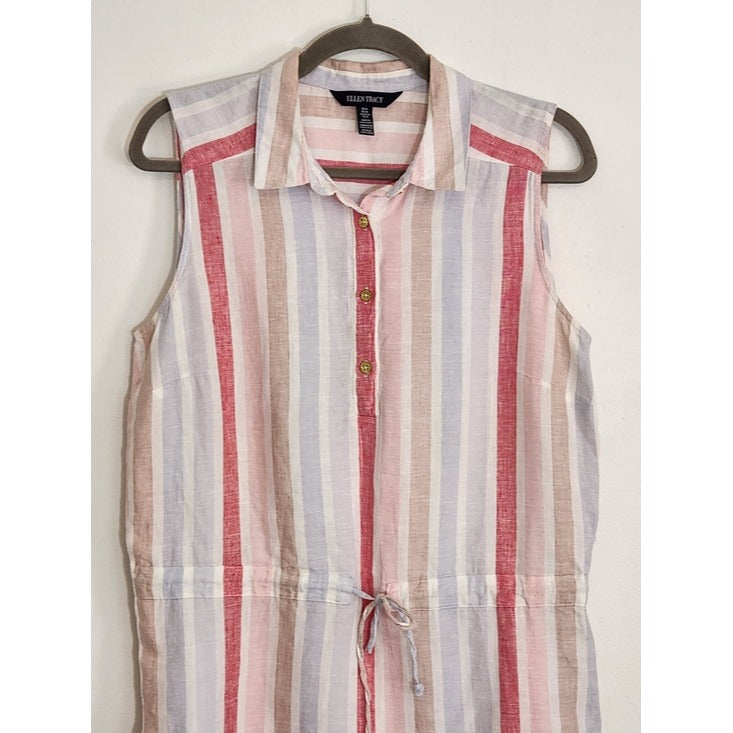 Ellen Tracy Multicolor Striped Linen Sleeveless Tunic Top Size Medium