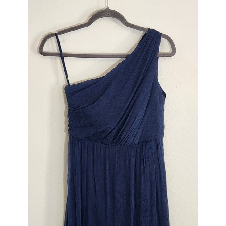 Amsale Navy 100% Silk One Shoulder Formal Maxi Dress Size 4 Wedding Guest Dress