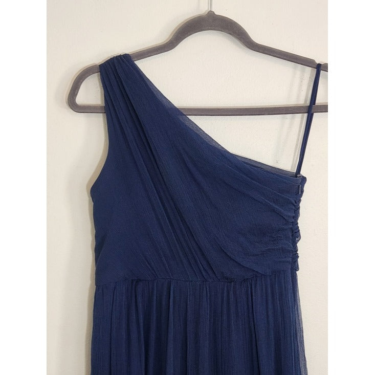 Amsale Navy 100% Silk One Shoulder Formal Maxi Dress Size 4 Wedding Guest Dress