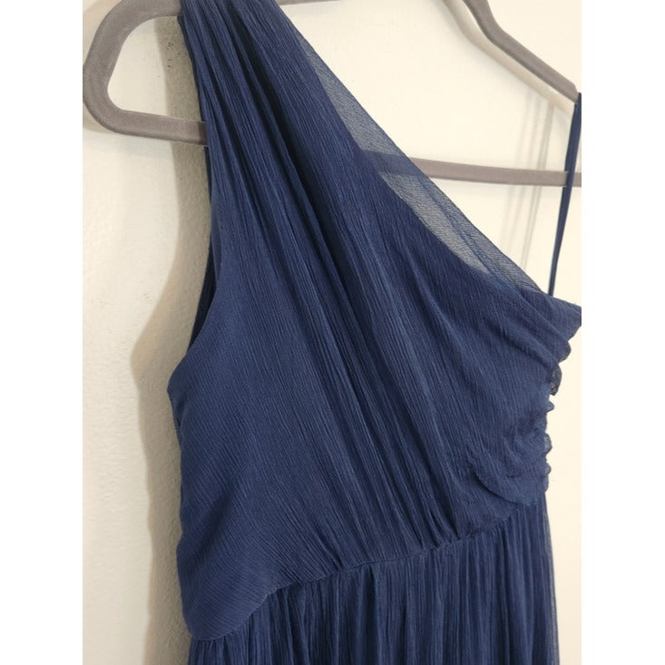 Amsale Navy 100% Silk One Shoulder Formal Maxi Dress Size 4 Wedding Guest Dress