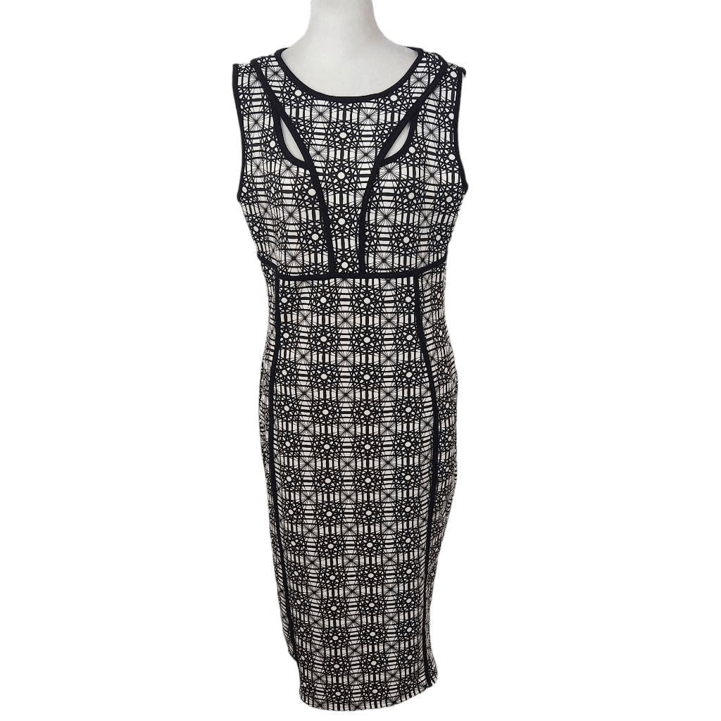 BooHoo Black and White Graphic Print Bodycon Dress Size 10 Sexy Fitted Dress