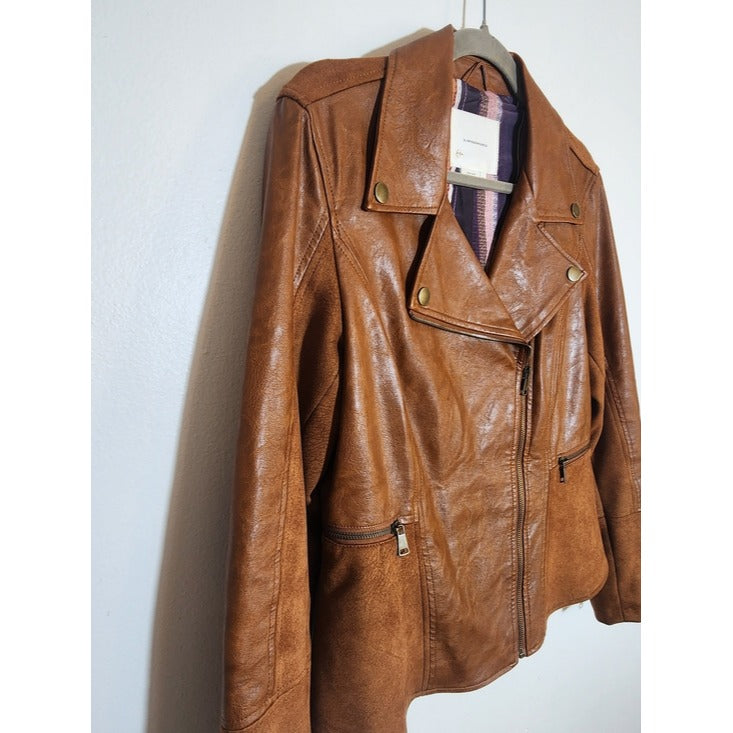 By Anthropologie Brown Robyn Faux Leather Moto Jacket Size Medium