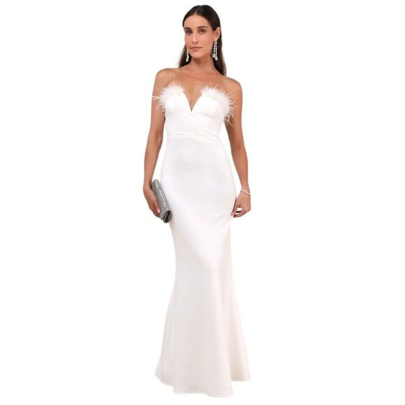 Lulus White Strapless Maxi Cocktail Dress with Feather Trim XL White Formal Gown