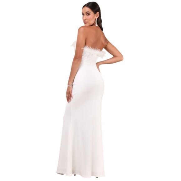 Lulus White Strapless Maxi Cocktail Dress with Feather Trim XL White Formal Gown