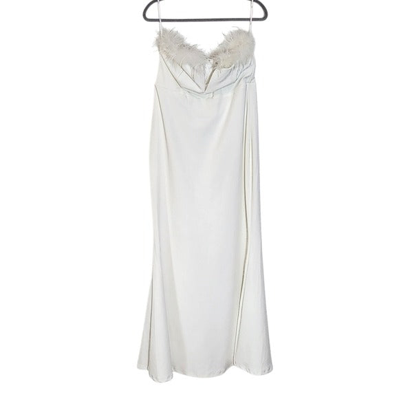 Lulus White Strapless Maxi Cocktail Dress with Feather Trim XL White Formal Gown
