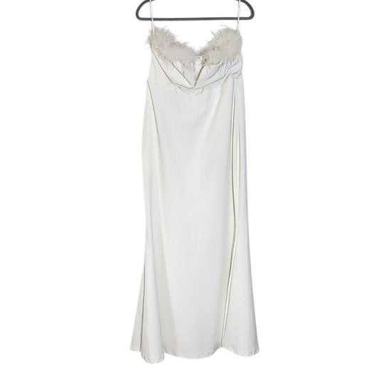 Lulus White Strapless Maxi Cocktail Dress with Feather Trim XL White Formal Gown
