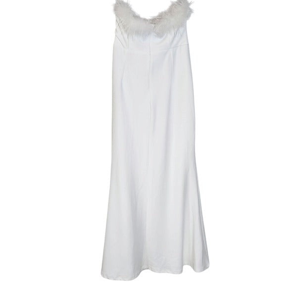 Lulus White Strapless Maxi Cocktail Dress with Feather Trim XL White Formal Gown