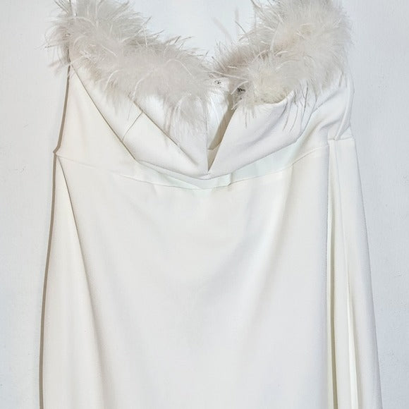 Lulus White Strapless Maxi Cocktail Dress with Feather Trim XL White Formal Gown