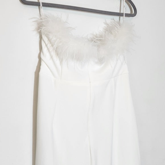 Lulus White Strapless Maxi Cocktail Dress with Feather Trim XL White Formal Gown