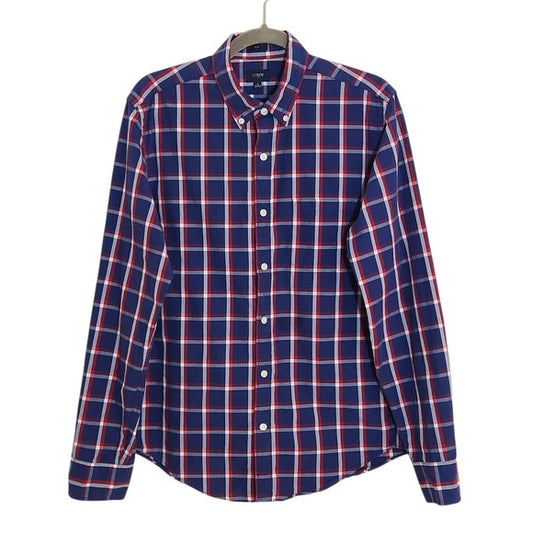 J. Crew Navy and Red Plaid Slim Fit Button Down Shirt Size Medium