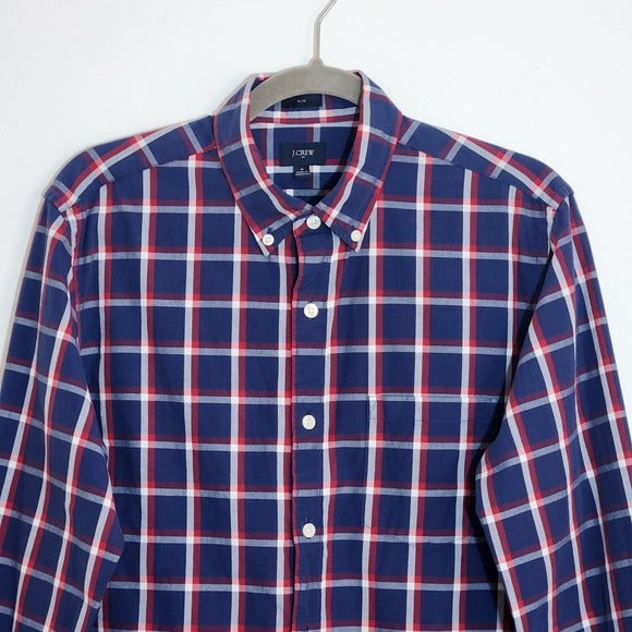 J. Crew Navy and Red Plaid Slim Fit Button Down Shirt Size Medium