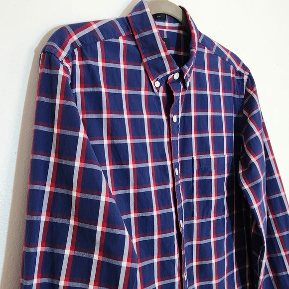 J. Crew Navy and Red Plaid Slim Fit Button Down Shirt Size Medium