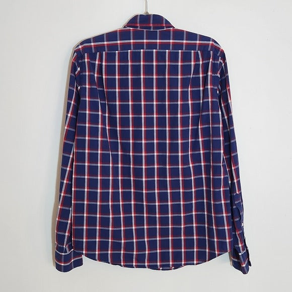 J. Crew Navy and Red Plaid Slim Fit Button Down Shirt Size Medium
