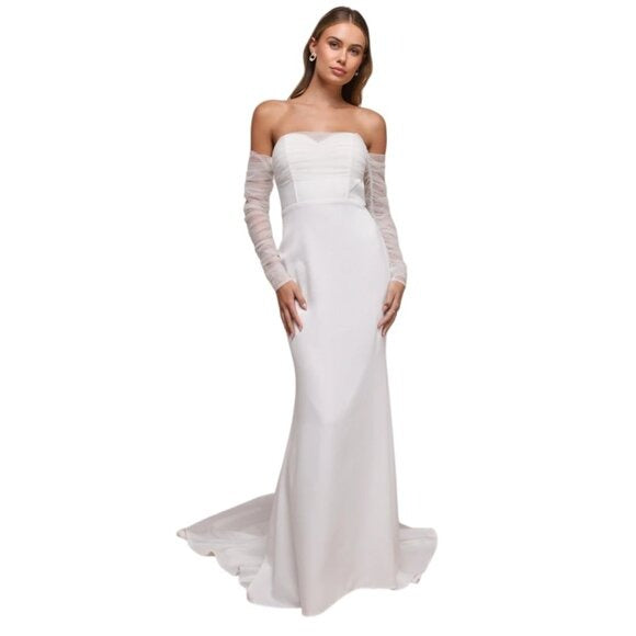 Lulus Sheer Sleeve Off the Shoulder Wedding Dress NWT Size Small
