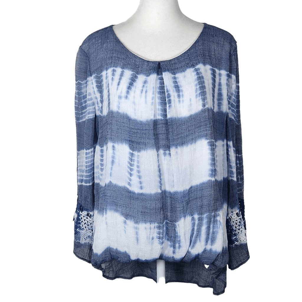 By & By Boho Tie-Dye Peasant Top with Bubble Hem and Crochet Accents Size XL