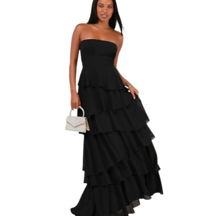 Lulus Black Tiered Ruffle Strapless Evening Dress Size XL NWT Wedding Guest Prom