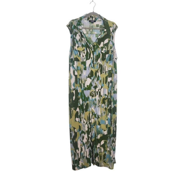 Glamour Green and Gray Abstract Print Midi Shirt Dress with Sash Size 22W