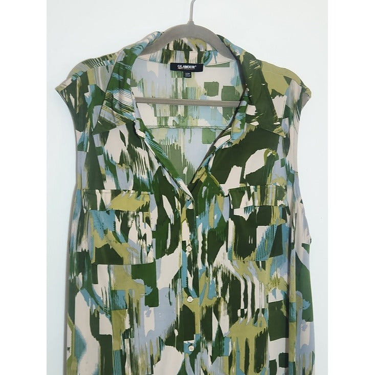 Glamour Green and Gray Abstract Print Midi Shirt Dress with Sash Size 22W