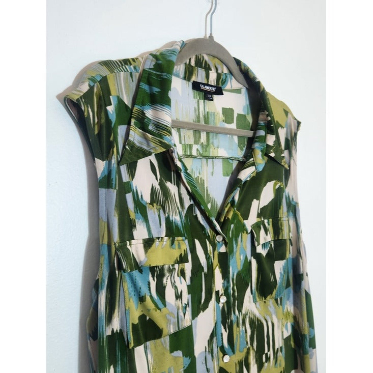 Glamour Green and Gray Abstract Print Midi Shirt Dress with Sash Size 22W