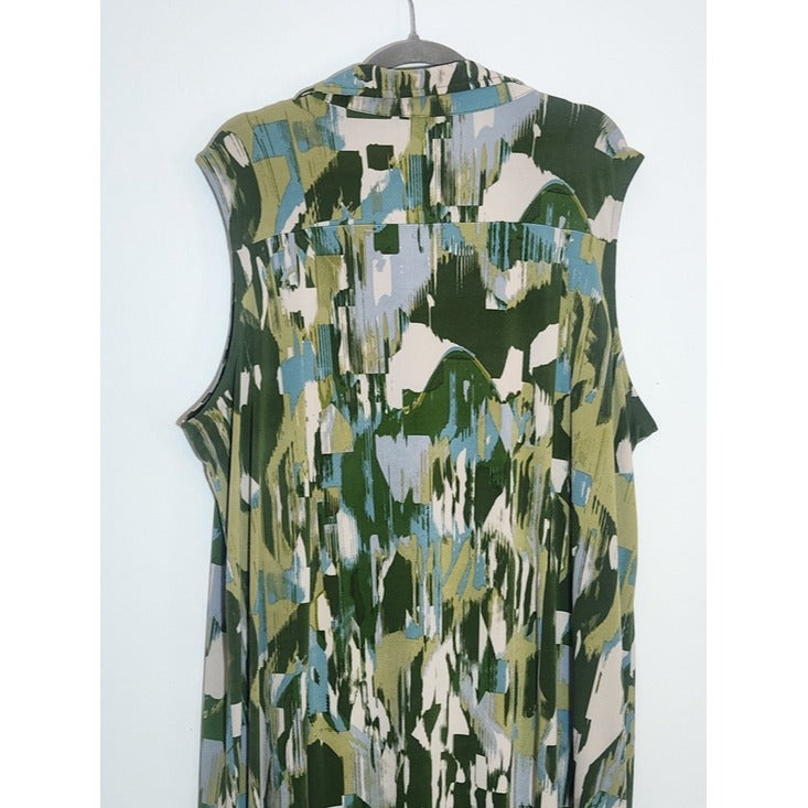 Glamour Green and Gray Abstract Print Midi Shirt Dress with Sash Size 22W