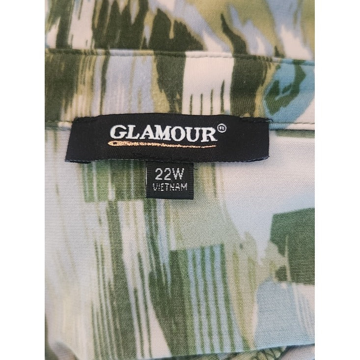 Glamour Green and Gray Abstract Print Midi Shirt Dress with Sash Size 22W