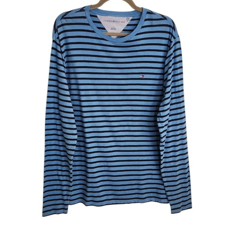 Tommy Hilfiger Blue and Navy Striped Long Sleeve Tee Size Medium