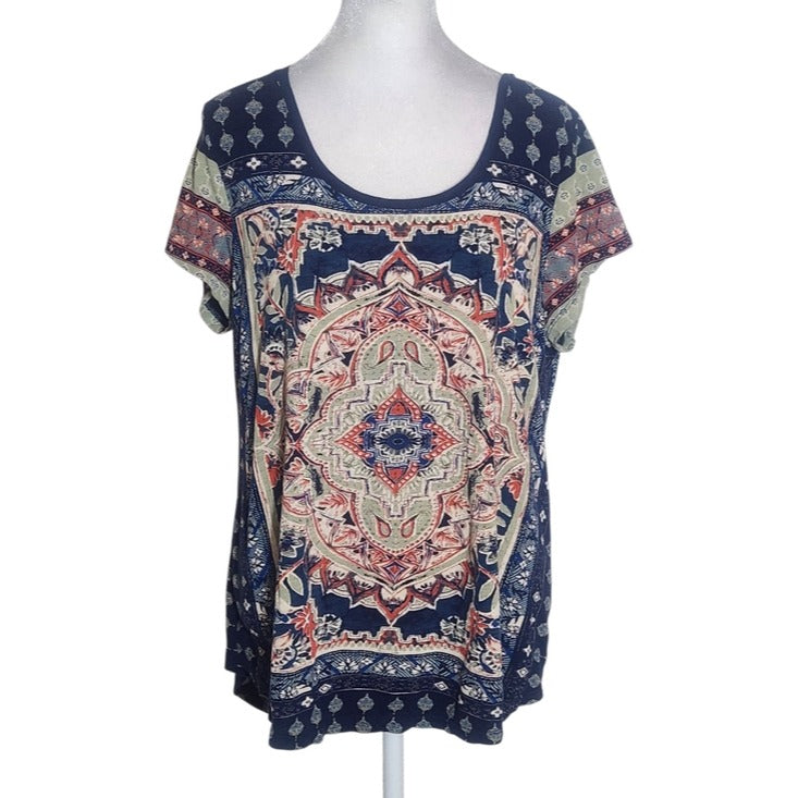 Lucky Brand Short Sleeve Navy Boho Print Tee Size Large