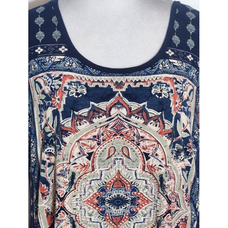 Lucky Brand Short Sleeve Navy Boho Print Tee Size Large