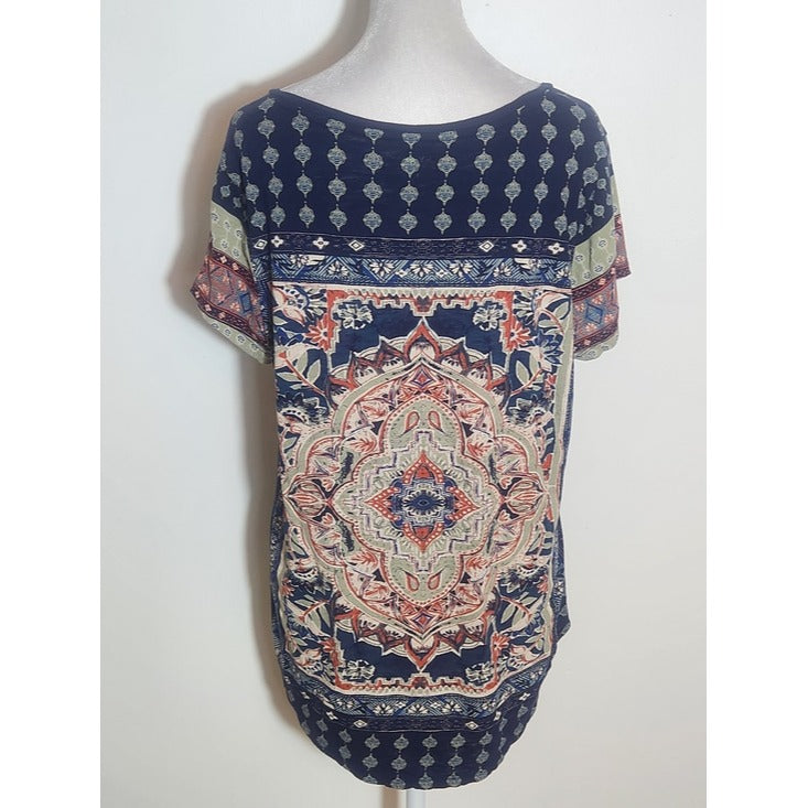 Lucky Brand Short Sleeve Navy Boho Print Tee Size Large