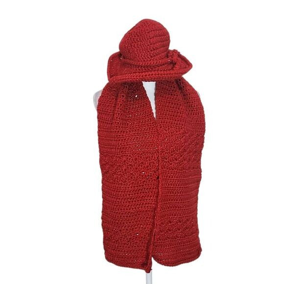 Red Crochet Knit Scarf and Hat Set One Size Red Crochet Scarf with Hat New