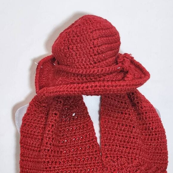 Red Crochet Knit Scarf and Hat Set One Size Red Crochet Scarf with Hat New