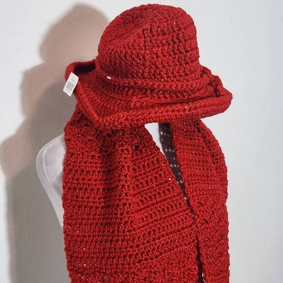Red Crochet Knit Scarf and Hat Set One Size Red Crochet Scarf with Hat New