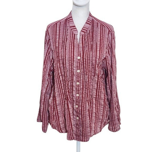 Ruby Rd. Red Striped Button-Up Blouse Size Petite Large Preppy Red Stripe Top