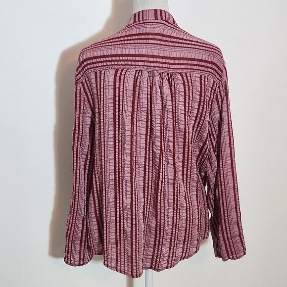 Ruby Rd. Red Striped Button-Up Blouse Size Petite Large Preppy Red Stripe Top
