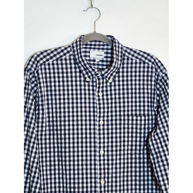 Sonoma Mens Navy and White Gingham Check Button Down Shirt Size XL
