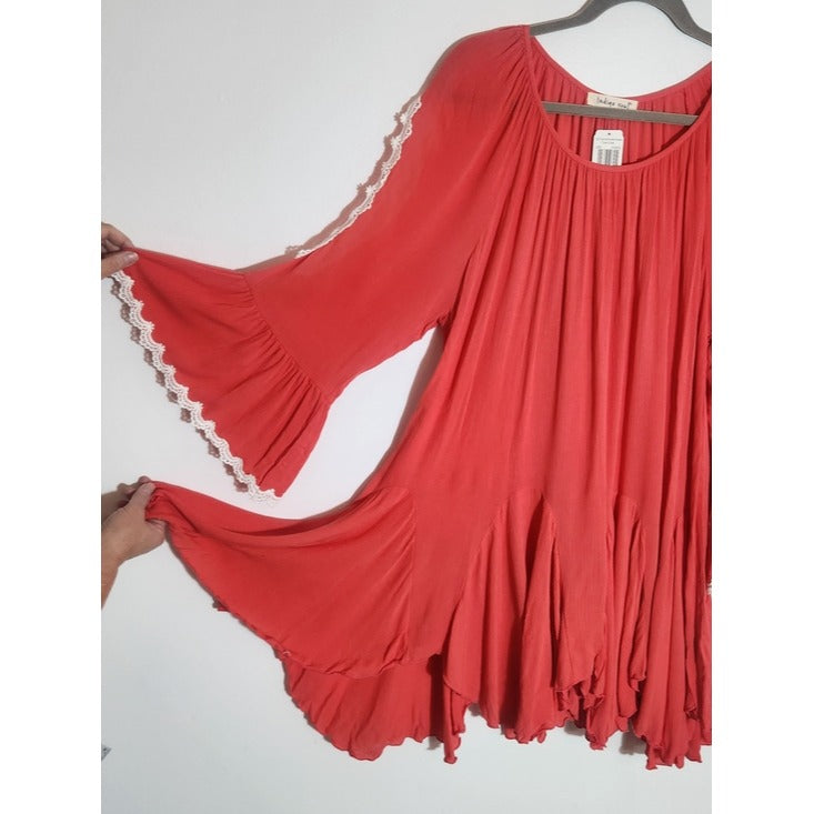 Indigo Soul Coral Asymmetrical Lace Trim Tunic Size Large NWT