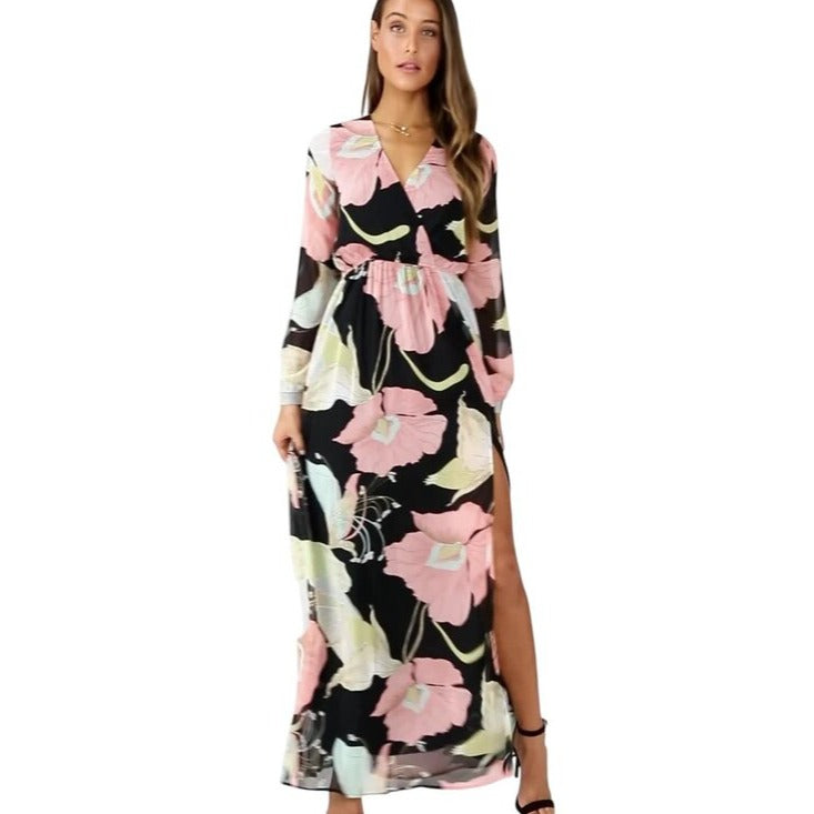 Lulus Long Sleeve Black Floral Formal Dress Size Medium NWT Wedding Guest Dress