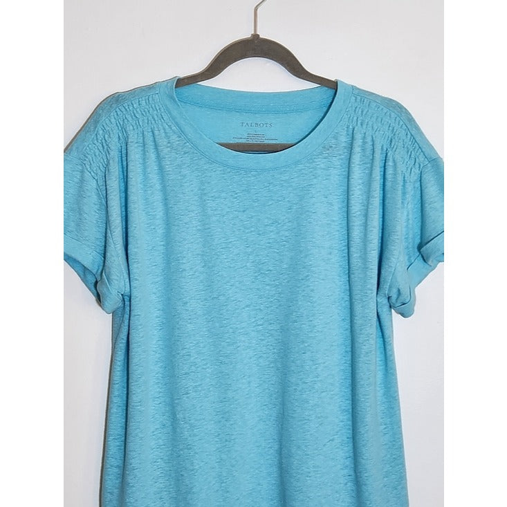 Talbots Aqua Blue Linen Blend Short Sleeve Tee Size Large