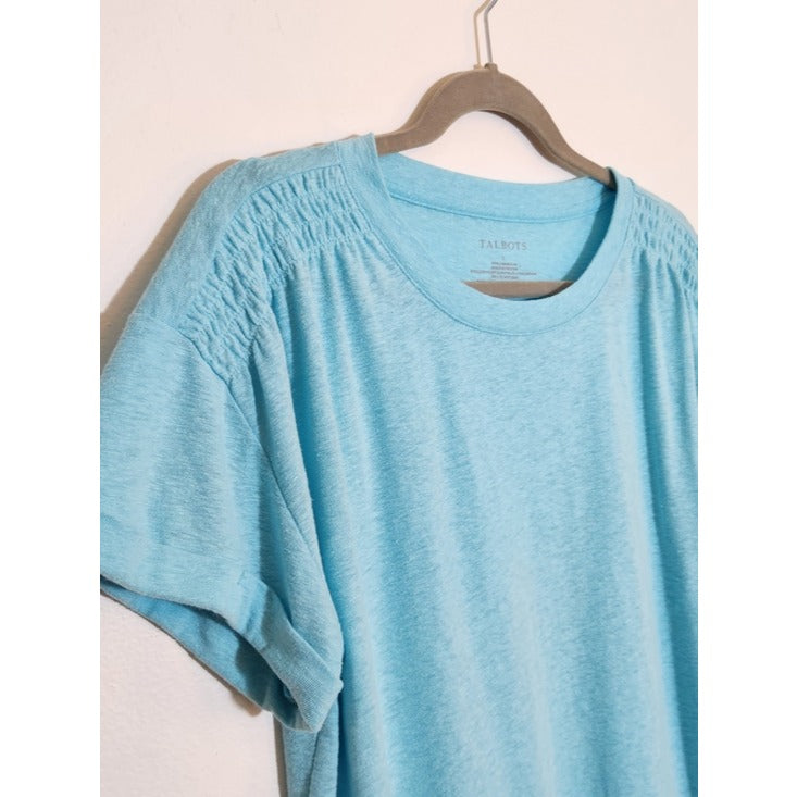 Talbots Aqua Blue Linen Blend Short Sleeve Tee Size Large