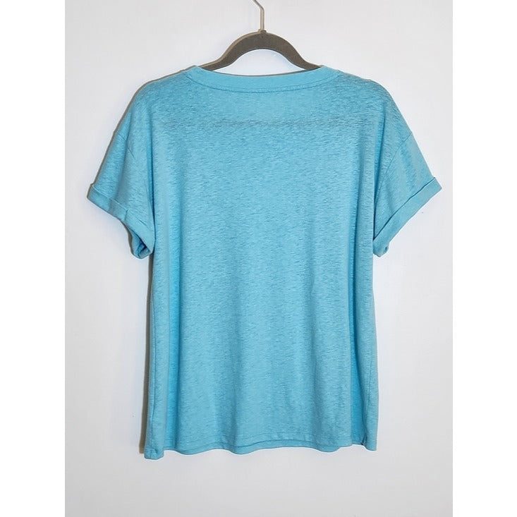 Talbots Aqua Blue Linen Blend Short Sleeve Tee Size Large