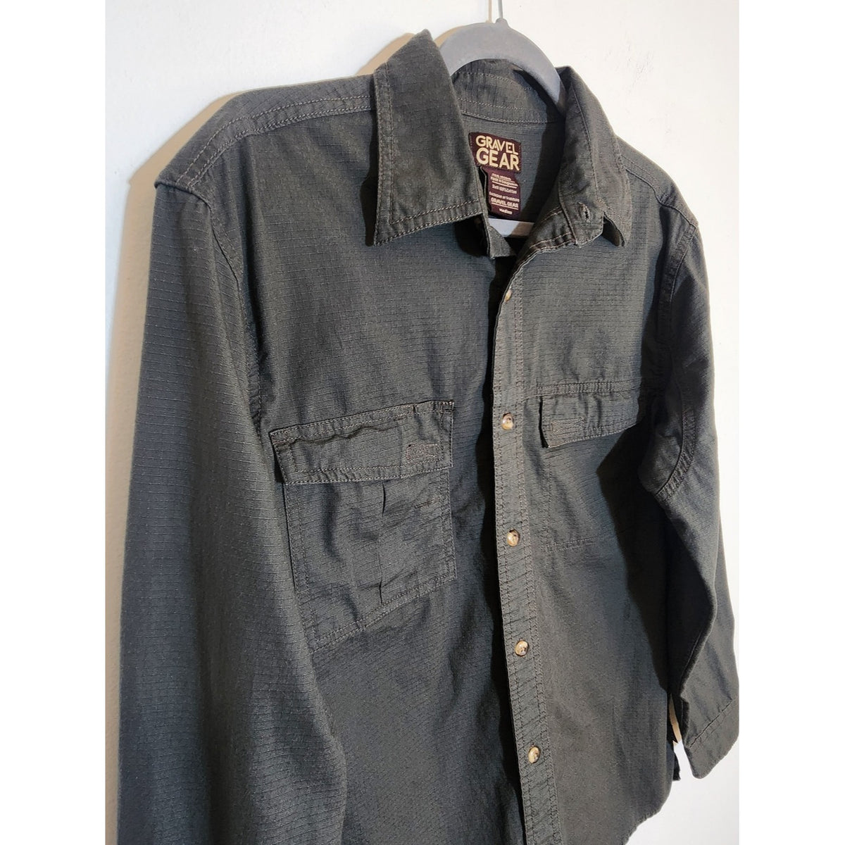Gravel Gear Mens Gray Grid Textured Button Down Shirt Size Medium
