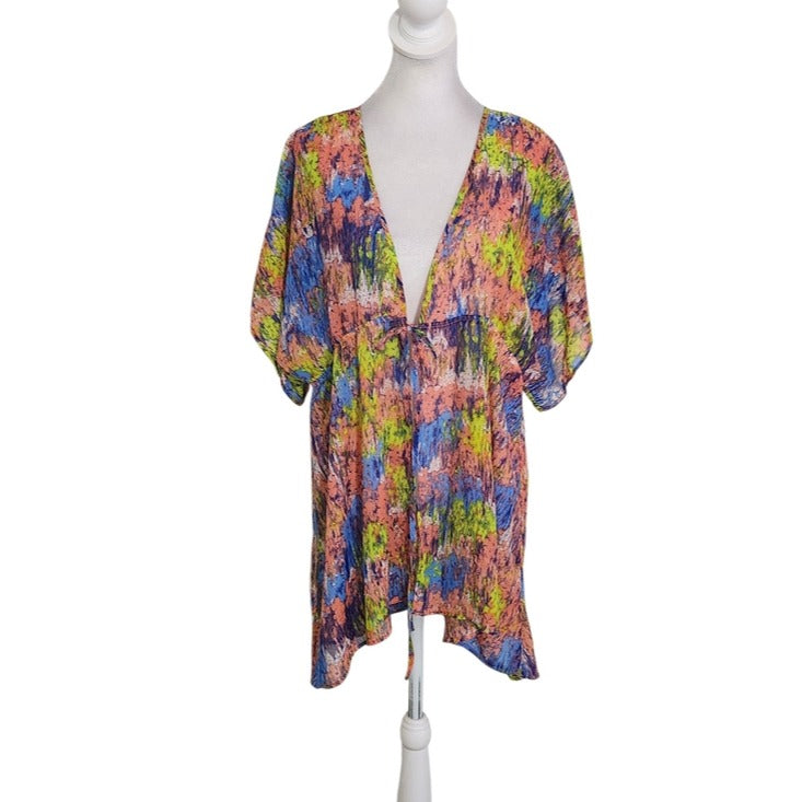 Francesca's Multicolor Sheer Tie Front Kimono Size Medium/Large