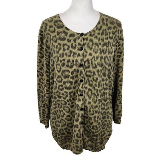 Isaac Mizrahi Olive Green Leopard Print Cardigan Size XS Green Cardigan Sweater