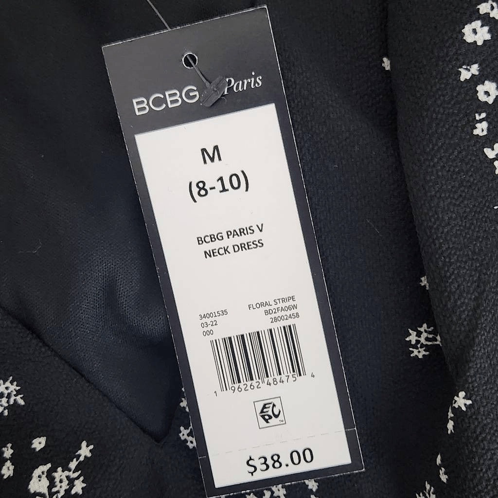 BCBG Paris Black and White Floral V-Neck Dress with Ruffle Hem NWT Size Medium