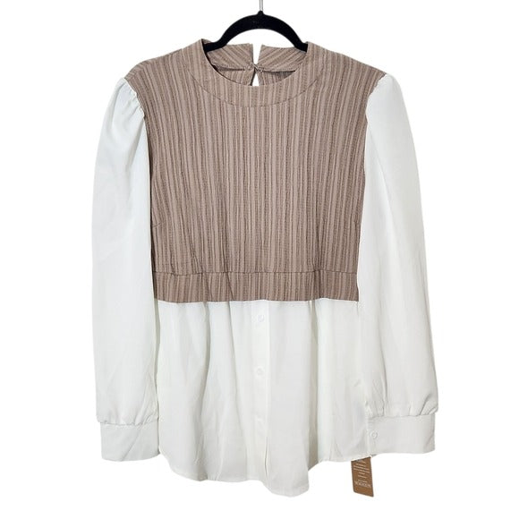 Shein Khaki and White Layered Look Blouse NWT Size Large Khaki Textured Blouse