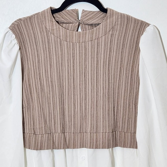 Shein Khaki and White Layered Look Blouse NWT Size Large Khaki Textured Blouse